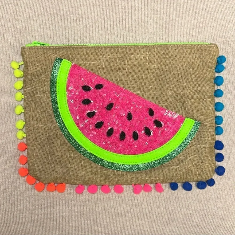EXPRESS Linen Cotton Bright Neon Watermelon Sequined Tasseled Zip Clutch